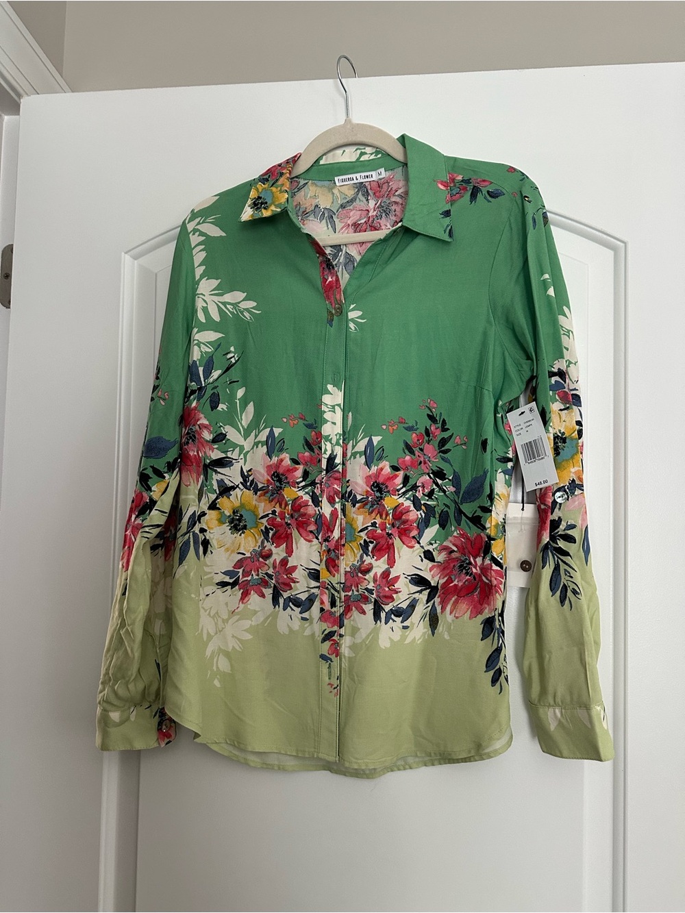 Floral Button-Front Green Blouse